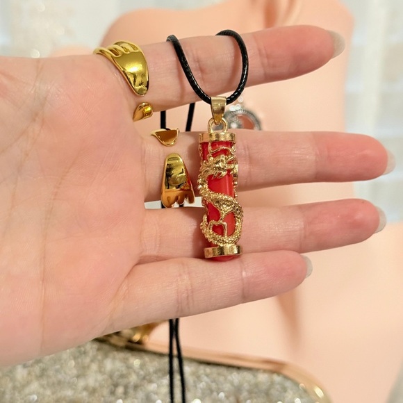 Gold and Red Dragon Pendant Necklace. (Unisex) - Picture 3 of 5